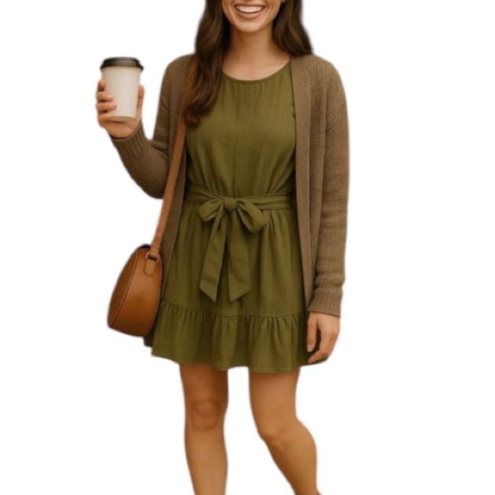 INC Dress- L Mini Olive Green Ruffle Hem Cotton with Waist Tie Boho Cottagecore - Picture 7 of 11